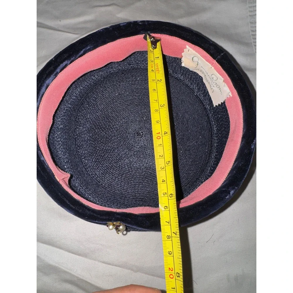 Vintage Green Room Millinery Bloomingdales Navy Velvet Straw Pillbox Hat Brooch
